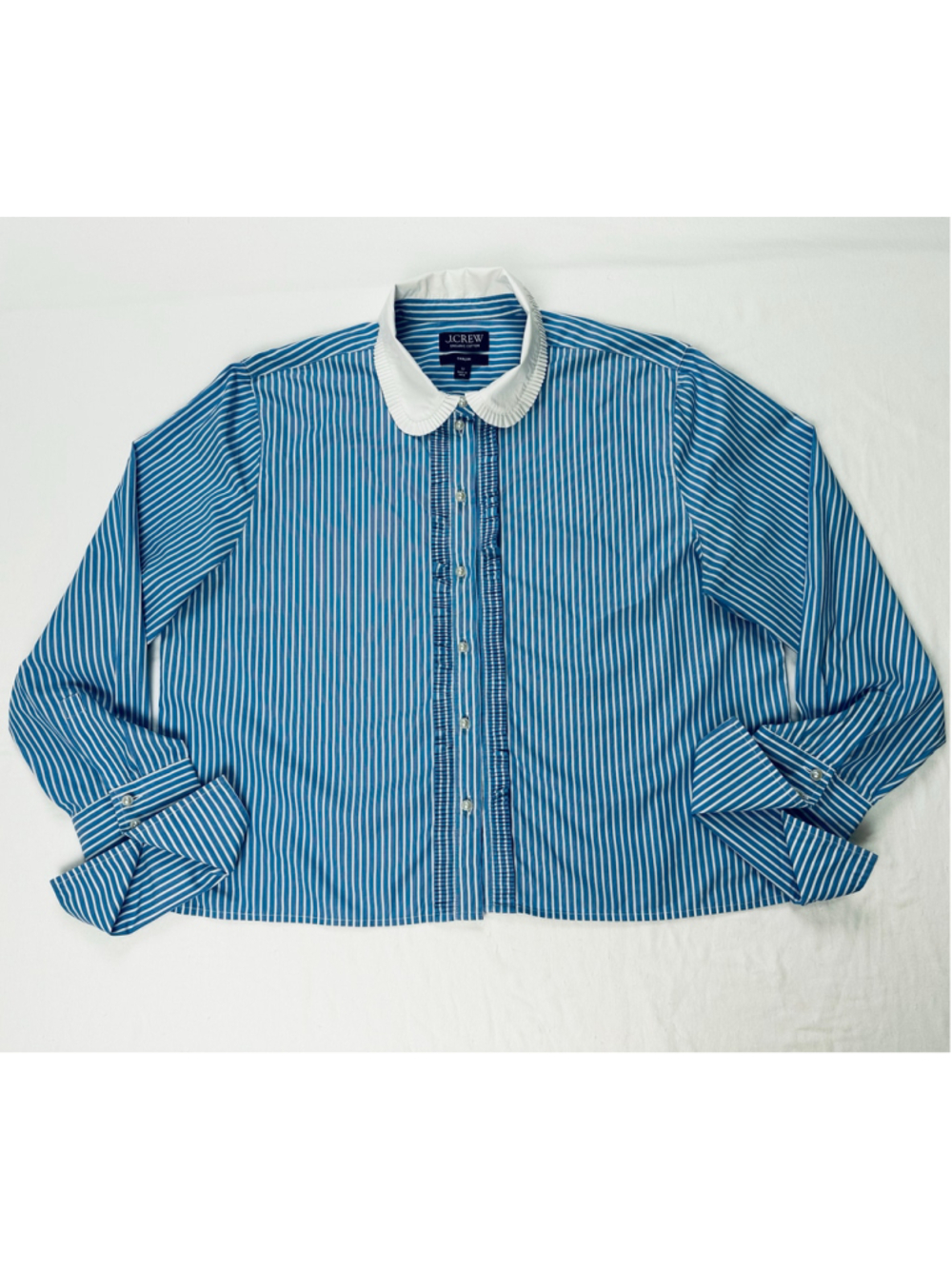 J.Crew Garçon Organic Cotton Striped Blouse Women’s 12 Blue White Ruffle Collar - Picture 2 of 8